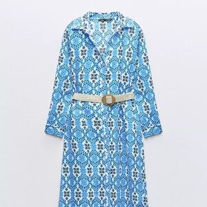 Zara Blue and White Patterned Dress with Belt